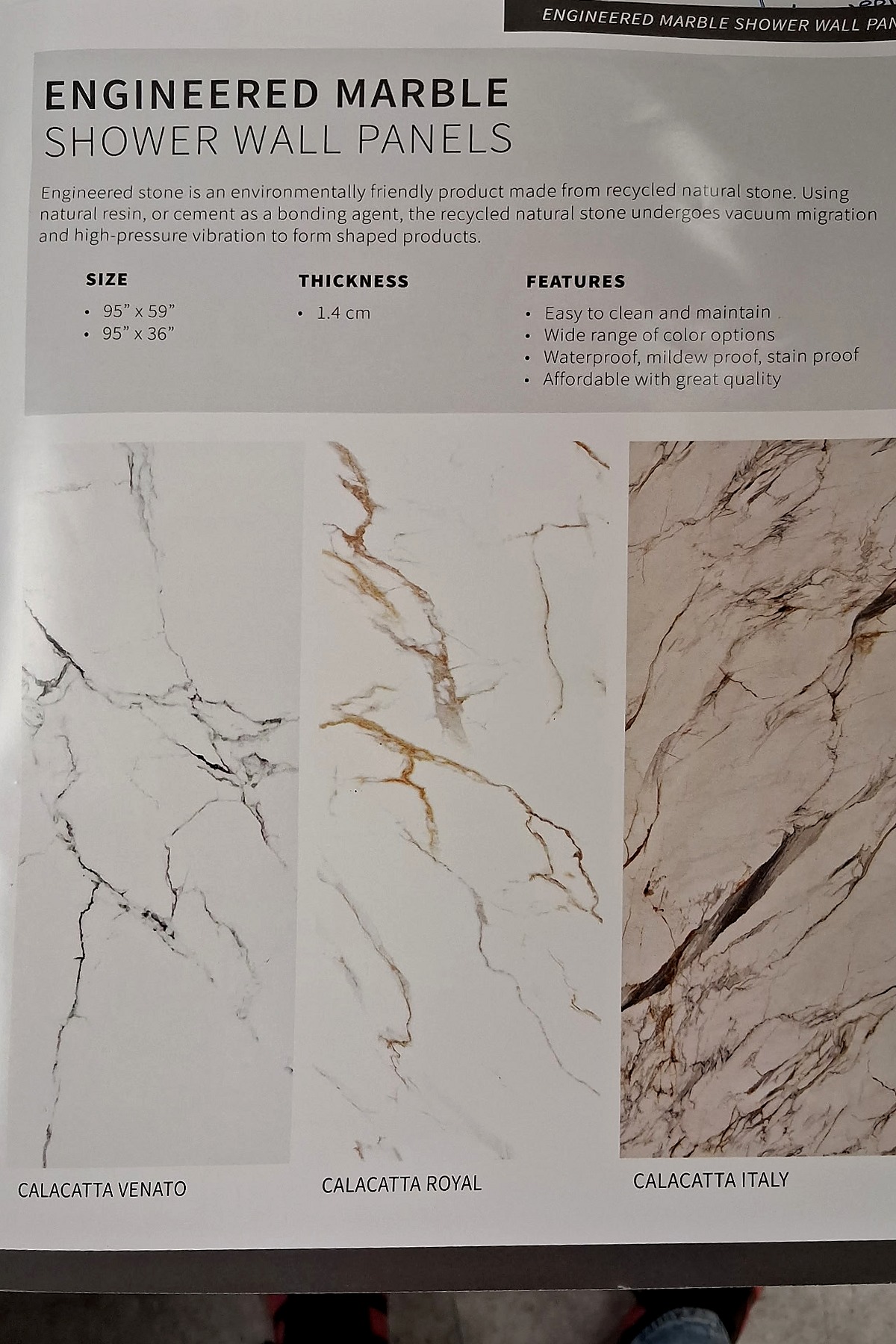Engineered marble shower wall panel catalog page showing Calacatta Venato, Calacatta Royal and Calacatta Italy